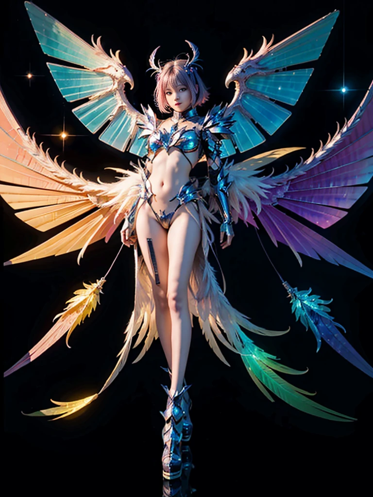 1girl, Armor, Wings, beautiful dragon, futuristic evolved Nekomata, (Neon glowing body), 2 tails, holographic, (The wings are symmetrically paired;1.5), Tricolor color