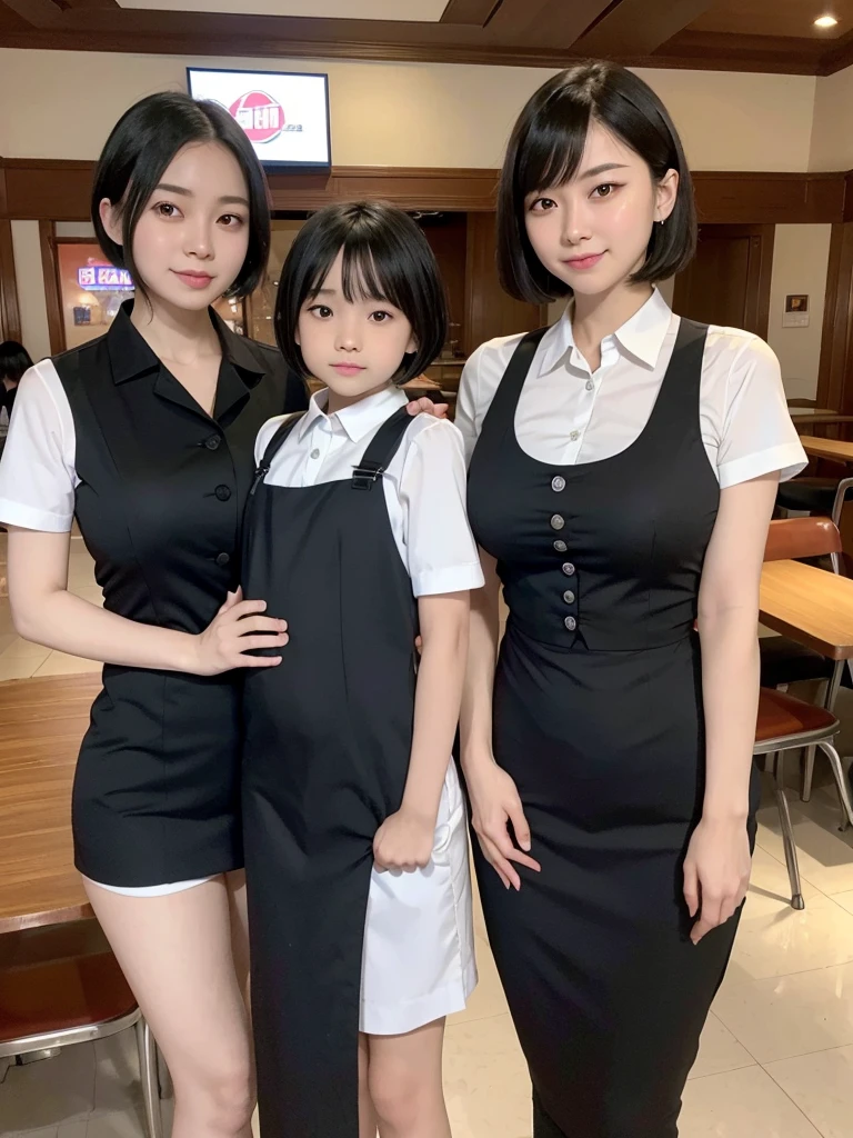 Highest quality、masterpiece、8k、Very detailed、Realistic、Looking at me with a smile、whole body、Black Hair、Short Hair、Small face、Slender、(Very large breasts)、Thin and beautiful legs、narrow and constricted waist,、(Family Restaurant Uniforms:1.2)、(The background is an empty family restaurant)