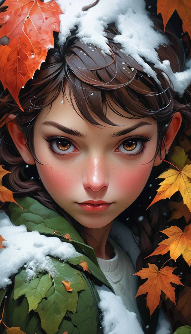 a snowy winter leaf pixie girl on a leaf in the snow, dark reddish-brown hair, ahe snowy winter leaf pixie and the world of adventure, photo realism, 8k resolution, garden, trending on artstation, 4k, intricate details, highly detailed, pencil drawing, sketching, unreal engine, Caravaggio, greg rutkowski, loish, rhads, beeple, makoto shinkai and lois van baarle, ilya kuvshinov, rossdraws, tom bagshaw, alphonse mucha, oil painting, heavy strokes, paint dripping, oil painting, heavy strokes, paint dripping