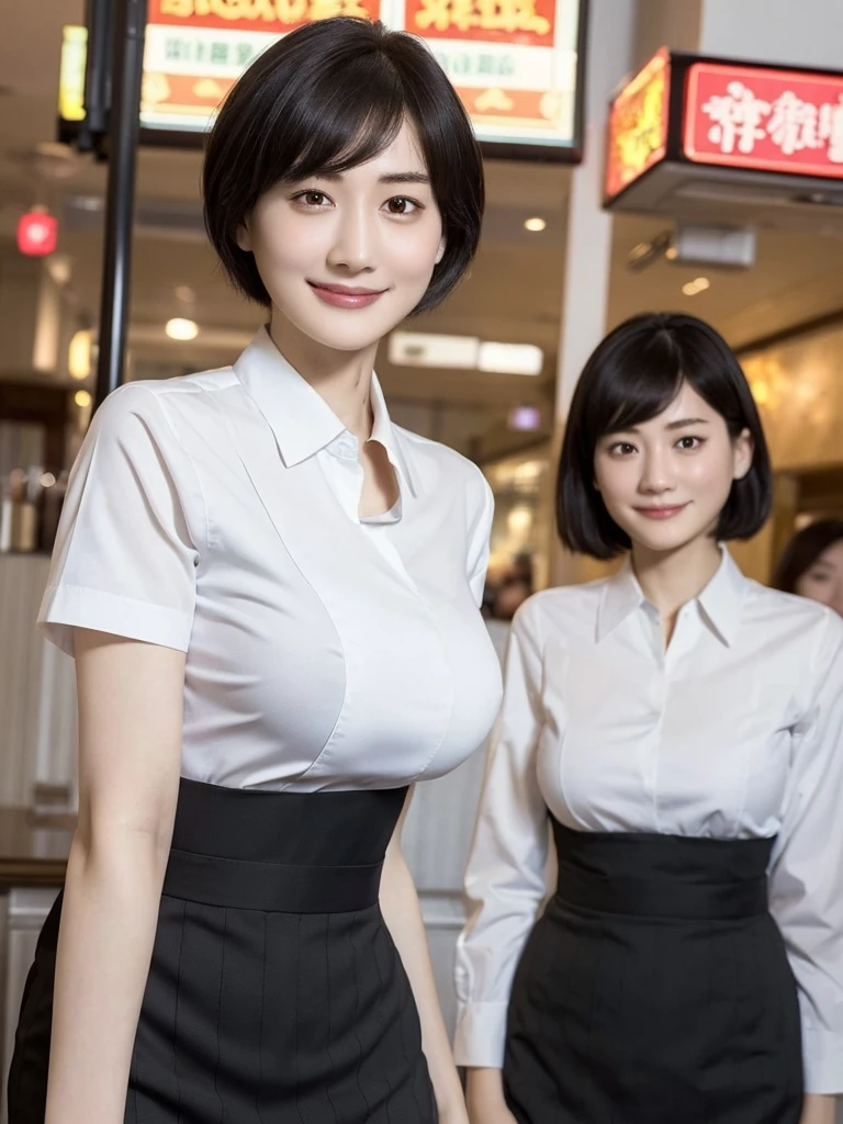 Highest quality、masterpiece、8k、Very detailed、Realistic、(One person:1.2)、Looking at me with a smile、whole body、Black Hair、Short Hair、Small face、Slender、(Very large breasts:1.2)、Thin and beautiful legs、narrow and constricted waist,、(Family Restaurant Uniforms:1.2)、(Nobody background)