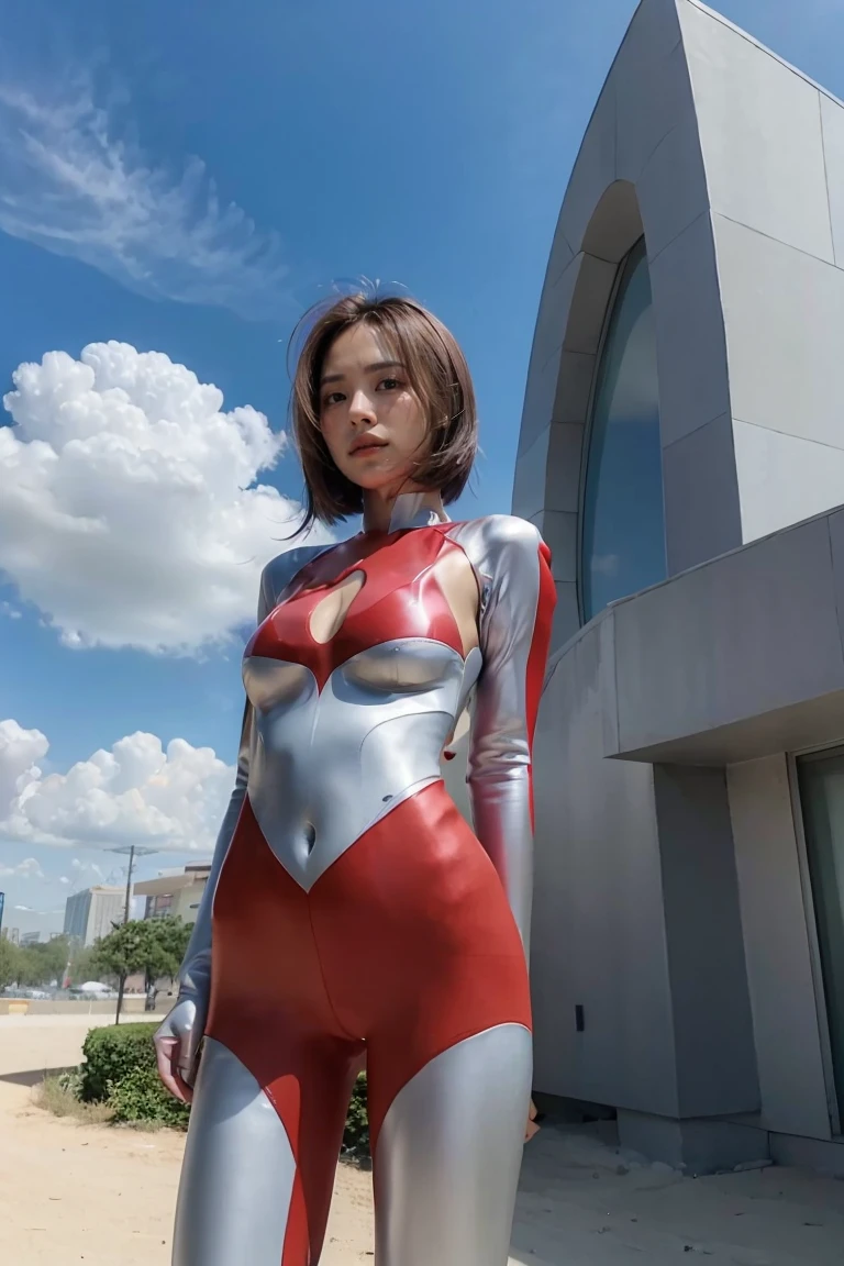 (((blue sky with cloud in background))), Ultraman、realistic、realistic、cinematic lighting, Girl in a shiny red and silver suit、18 years old、professional photo, Japanese model, Japanese cgi、Ultraman Suit、tight and thin cyber suit, Whole body rubbery delicate body, big breasts、small ass、thin thighs、thin arms、thin waist、camel toe、Both sides of the cyber suit stick to the skin、Big eyes、black short hair、facing the front、facing the front、A glowing sphere is embedded in the chest.