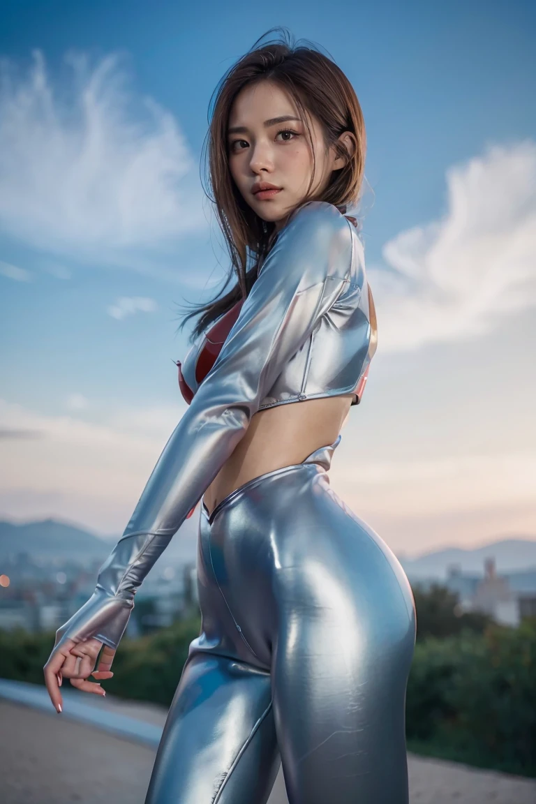 (((blue sky with cloud in background))), Ultraman、realistic、realistic、cinematic lighting, Girl in a shiny red and silver suit、18 years old、professional photo, Japanese model, Japanese cgi、Ultraman Suit、tight and thin cyber suit, Whole body rubbery delicate body, big breasts、small ass、thin thighs、thin arms、thin waist、camel toe、Both sides of the cyber suit stick to the skin、Big eyes、black short hair、facing the front、facing the front、A glowing sphere is embedded in the chest.