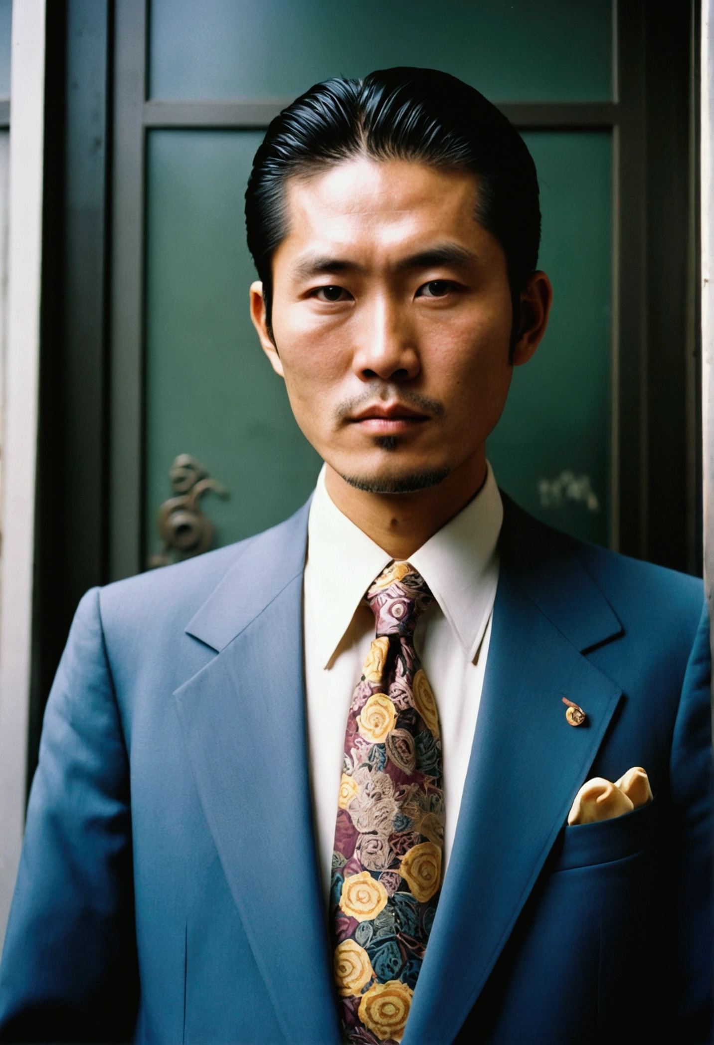 coloured film photography, Asian Man, Tokyo in the 1980s, suit,Yakuza