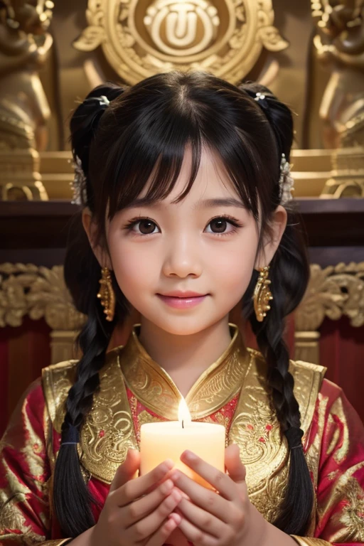 1girl, 6 years old , beautiful detailed eyes, beautiful detailed lips, beautiful smiling , extremely detailed face and features, long eyelashes, pigtails, chubby cheeks, praying hands, thai temple scene, intricate architecture, ornate decorations, candles, incense, warm lighting, soft focus, muted colors, serene atmosphere, masterpiece, high resolution, photorealistic, professional studio lighting, depth of field, black hair,