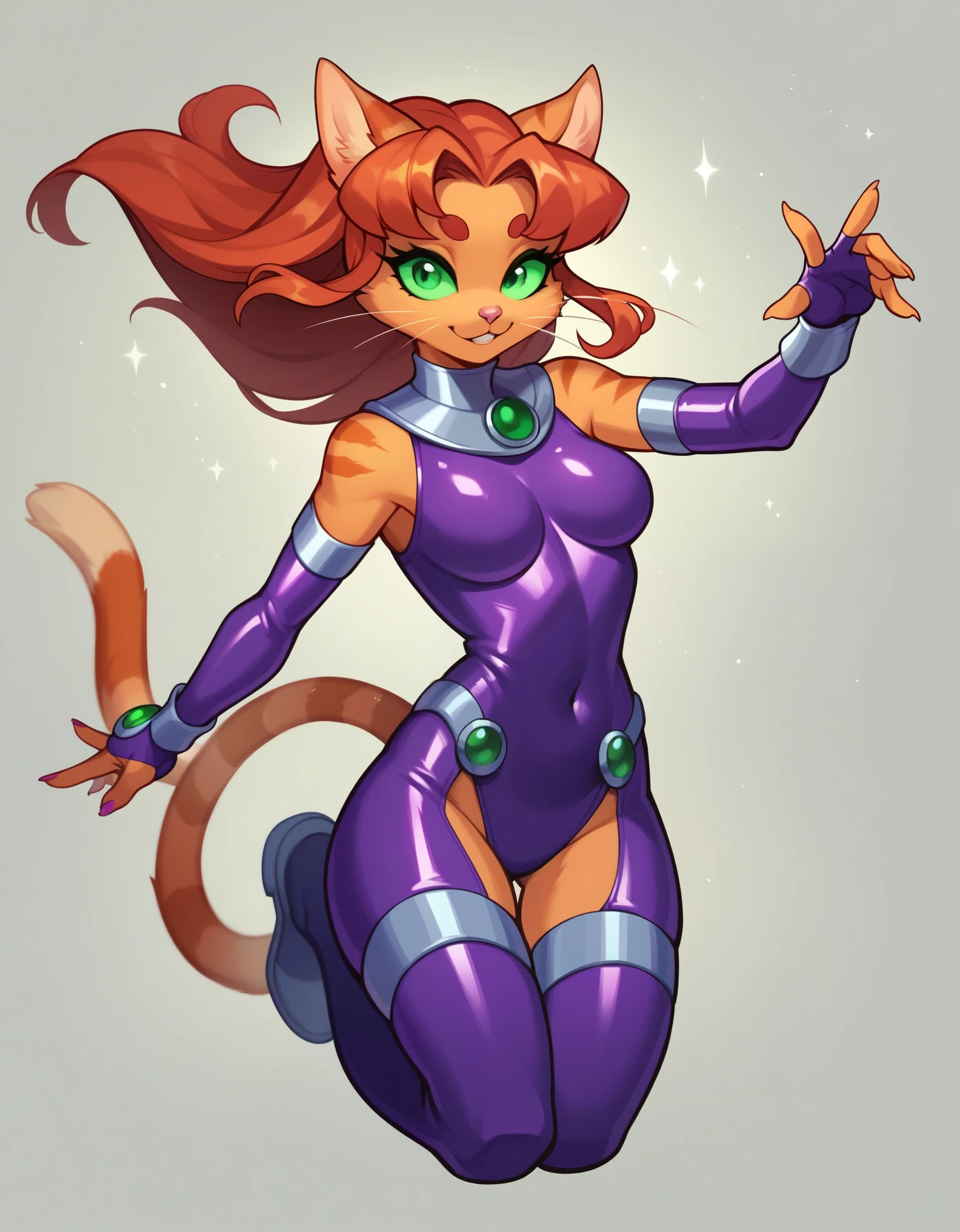 score_9, score_8_up, score_7_up, score_6_up, score_5_up, score_4_up, source_anime, kemono style, Anthro, starfire from teen titans, she is an Anthro furry orange tabby cat girl, pink nose, orange cat ears, orange tabby cat tail, whiskers, floating, hands glowing green, floating, purple latex outfit,