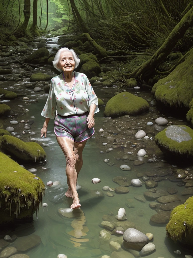 a happy, 86-year-old woman walking barefoot on a stream with crystal clear water, pebbles and moss, wearing loose-fitting printed blouse and shorts, hair flowing in the wind
