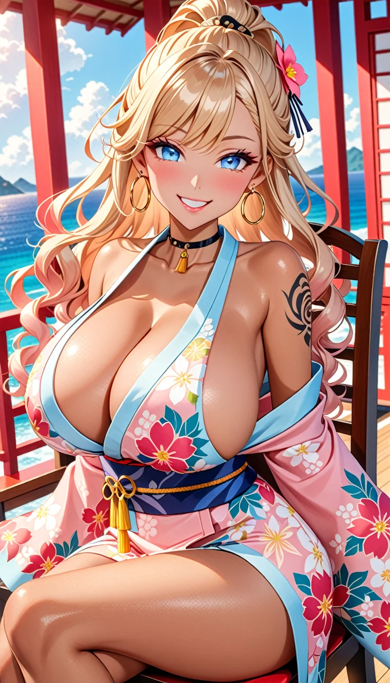 ultra-detailed, ((one girl)), (portrait), (tan skin:1.5), in pastel colors gyaru, (heavy makeup), (professional lighting) hyper detailed, absurdres, 8k, Beautiful Face, (Laugh shyly), ((teasing smile:1.6)), ((happy smile:1.5)), ((Wink:1.5)), (Laugh with your mouth wide open),((Tilt your face:1.6)), View your viewers, ((Bright red cheeks:1.6)),Glossy shocking pink lips, ((huge :1.6)), (undressr tattoo peeked through her kimono:1.2)), noon, summer, Luxury resort with ocean view, ((Anime style background)),masterpiece, Highest quality, (Brighten your face), so beautiful,Latest, Complex details, ((fluorescent pink long nail:1.2)), (ring),(bracelet), (Floral Choker),AI-generated, Complex,High resolution, Highest quality, super high quality,3D Images、3D Images,One person, (blond long hair), (High Ponytail), (wavy hair:1.4), Anime woman posing for a photo, ((Fine grain、blue eyes、glowing eyes:1.4)), (Squint your eyes:1.1),a hyperRealistic , hyperRealistic , Realistic,Anime woman with long honey blonde hair, Smooth anime CG art, A girl in a gorgeous pastel-colored kimono, ((Pastel-colored furisode)),(Pink large floral pattern), (sideboob), Long flower hair ornament,large gold hoop earrings, Mature Body, tallw waist, Sit on a chair, front view,((dutch angle)), (upper body),