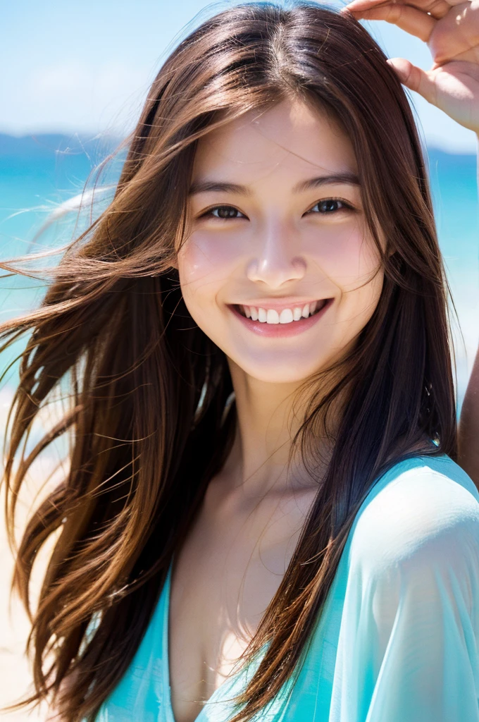 high resolution, long hair, fair skin, beach, see through, smiling