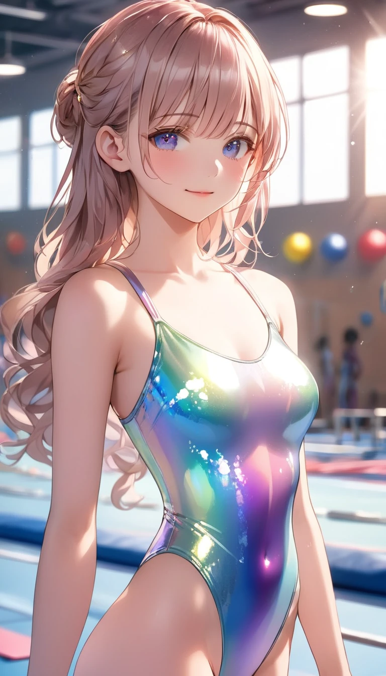 highquality illustration, masterpiece, very delicate and beautiful, attractive girl,(gymnastics leotard,long sleeve leotard with glittery decoration,high_leg leotard,athletic leotard,tight-fit leotard,iridescent gradient leotard,long-sleeve leotard),thin,slender body,slim,high school,gymnasium background,gymnastics club,gymnastics athlete,princess, beautiful eyes,light smile,(masterpiece, best quality:1.2), highres, extremely detailed CG unity 8k wallpaper, perfect lighting, Colourful, ultra-high res,4K,ultra-detailed, photography, 8K, HDR, 17 ages,cowboy shot,