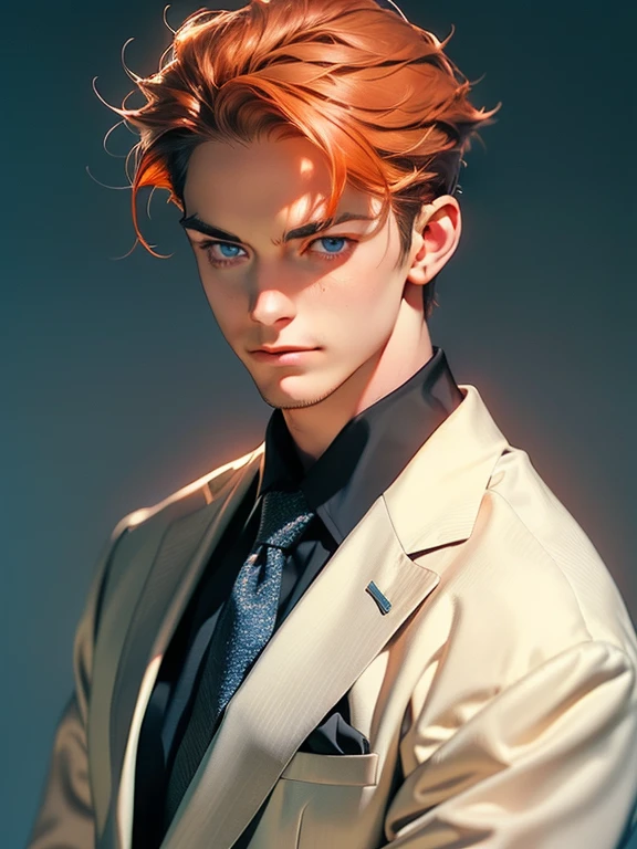 masterpiece, best quality, realistic, 1man, mature male, quiet and charming young man, 41 year old, serious look, closed mouth, portrait, extremely detailed face, cold smile, ((dark grey blue eyes)), ((short-right-swept dark orange hair)), [thick eyebrows], ((suit)), handsome, full body, western, Jewish, light brown skin,