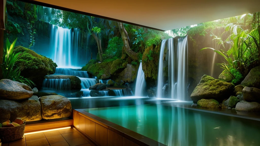 create a hyper-realistic 4k resolution of a beautiful mystical furnished bathroom with a 3d waterfall mural behind the tub. The water look like it's flowing into a the tub, steam, mist, warm glow effect for relaxation.