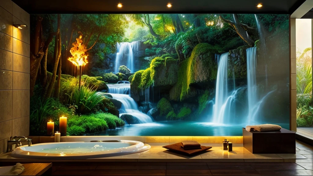 create a hyper-realistic 4k resolution of a beautiful mystical furnished bathroom with a 3d waterfall mural behind the tub. The water look like it's flowing into a the tub, steam, mist, warm glow effect for relaxation.