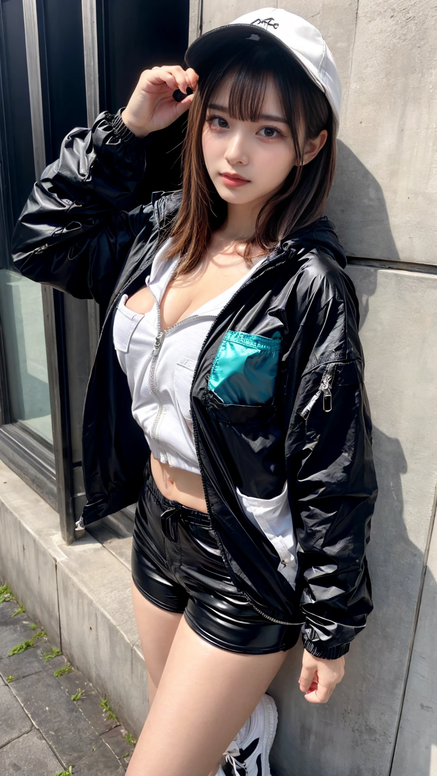 Masterpiece, 8K, award-winning photos, photorealistic, realistic, ultra detailed, ultra high definition, ray tracung, _ the most beautiful, Gravure quality for high-end fashion magazines, 22 years old ,(sexy,Japanese idol, gray hair, short hair),shiny skin , detailed skin , detailed face , perfect anatomy, 1girl
_
BREAK (droopy eyes, Natural makeup:1.2),light color, crying a little, Harajuku style, huge breasts, 
_
glowing blue eyes, tan skin,
_
BREAK (black and White theme:1.4), (oversized and baggy black outerwear:1.3), (fusion of black windbreaker and White hoodie:1.4), (black Nylon:1.4), ((zipper, large pocket):1.3), BREAK (black and white :1.2), (black platform high-cut sneakers:1.2),(Black leather short pants),(baseball cap),
 Inorganic concrete studio with windows, highly detailed background, , ultra-realistic textures, dramatic lighting ,raw photo, _(dutch angle and curtsey ,on side:1.2), looking at viewer,