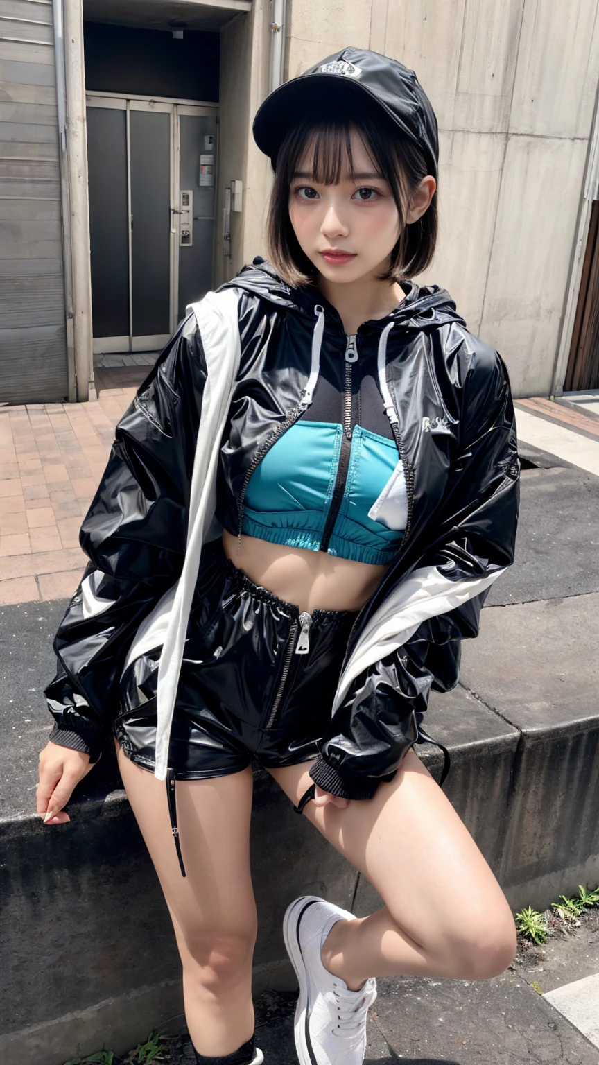 Masterpiece, 8K, award-winning photos, photorealistic, realistic, ultra detailed, ultra high definition, ray tracung, _ the most beautiful, Gravure quality for high-end fashion magazines, 22 years old ,(sexy,Japanese idol, gray hair, short hair),shiny skin , detailed skin , detailed face , perfect anatomy, 1girl
_
BREAK (droopy eyes, Natural makeup:1.2),light color, crying a little, Harajuku style, huge breasts, 
_
glowing blue eyes, tan skin,
_
BREAK (black and White theme:1.4), (oversized and baggy black outerwear:1.3), (fusion of black windbreaker and White hoodie:1.4), (black Nylon:1.4), ((zipper, large pocket):1.3), BREAK (black and white :1.2), (black platform high-cut sneakers:1.2),(Black leather short pants),(baseball cap),
 Inorganic concrete studio with windows, highly detailed background, , ultra-realistic textures, dramatic lighting ,raw photo, _(dutch angle and curtsey ,on side:1.2), looking at viewer,