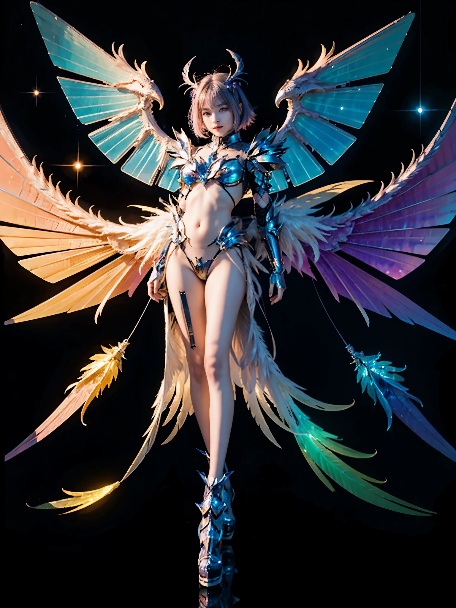 1girl, Armor, Wings, beautiful dragon, futuristic evolved Nekomata, (Neon glowing body), 2 tails, holographic, (The wings are symmetrically paired;1.5), Tricolor color

