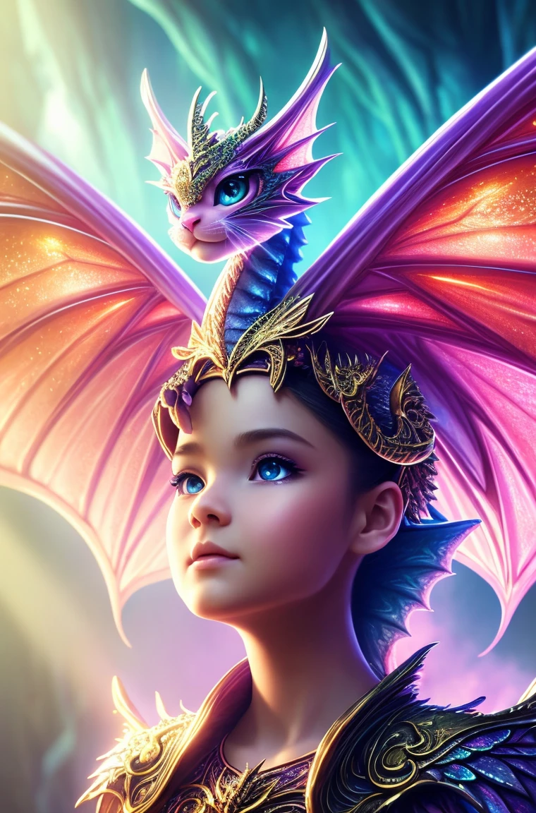 cute baby pink Dragon with mesmerizing feature butterfly ethereal wings masterpiece, top quality, best quality, official art, beautiful and aesthetic:1.2), (1dragon), extreme detailed,(fractal art:1.3), colorful, highest detailed, (masterpiece, best quality:1.3) 1 bright-amber, blue, green cat like-eyes, professional digital painting, Unreal Engine 5. playful teasing expression, finely detailed eyes, happy mood, epic scene, epic composition, Cinematic Lighting, Volumetric Lighting, ethereal light, intricate details, extremely detailed volumetric rays. oil painting, Detailed facial features, Sunlight, bright colors, dramatic lighting, expressive eyes, High Resolution, 4K quality, Photorealistic