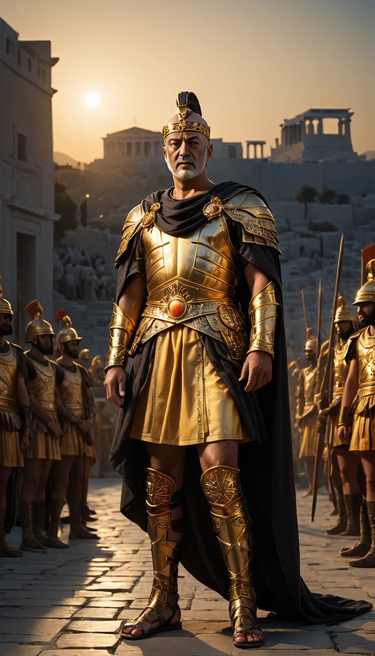 when the sun began to set, The warm golden hues of the sun illuminated her ornate attire., casting a warm glow across the area, ground level shooting, Selfie of King Xerxes with his army after the defeat of Greece, darkness background, hyperrealisti, ultra detailed hyperrealisti, photorrealistic, studio lighting, Reflections, dynamic pose, cinematic, color grading, fot, Shot with a 50mm lens, ultra-wide angle, Depth of field, 超detailded, beautifully color-graded, 8k, golden light from the front,