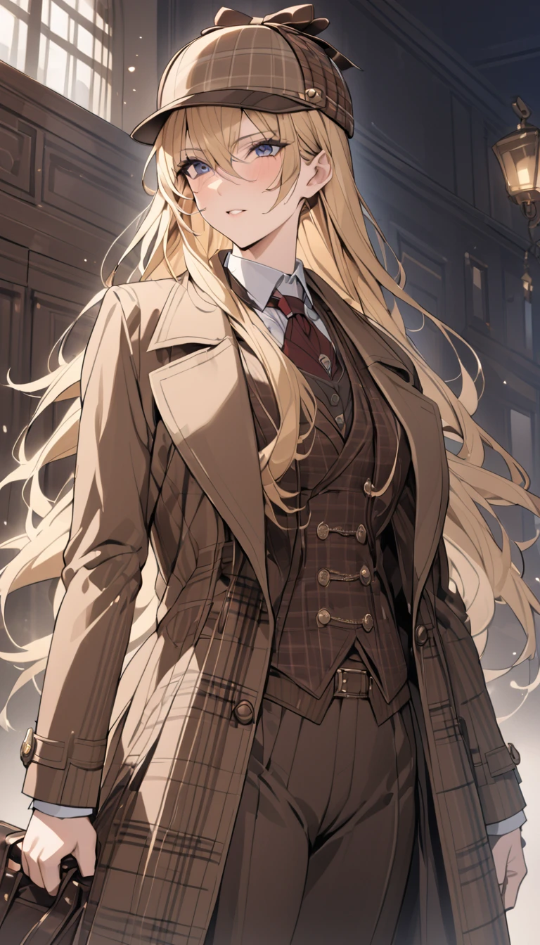 (detailed), adult woman like Sherlock Holmes, Wearing a deerstalker hat and an Inverness coat, British gentleman style, ((highest quality)), ((masterpiece)), perfect face, blonde hair, long hair, Woman in her 20s