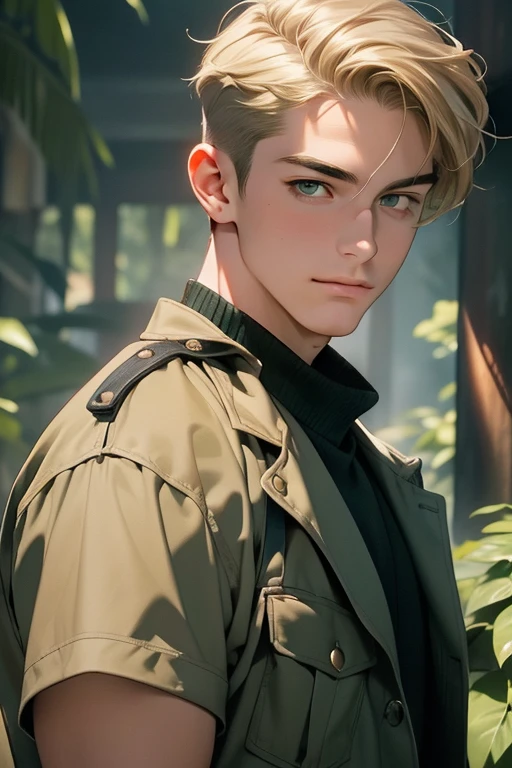 masterpiece, best quality, realistic, 1man, mature male, quiet and charming young man, 18 years old, smirk and look on the side, closed mouth, portrait, extremely detailed face, smirk, (dark green eyes), (short-side-swept sandy blonde hair)), [thick eyebrows], (detective clothing)