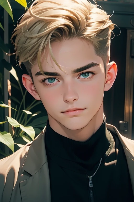 masterpiece, best quality, realistic, 1man, mature male, quiet and charming young man, 18 years old, smirk and look on the side, closed mouth, portrait, extremely detailed face, smirk, (dark green eyes), (short-side-swept sandy blonde hair)), [thick eyebrows], (detective clothing)