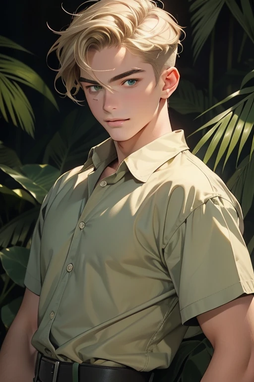 masterpiece, best quality, realistic, 1man, mature male, quiet and charming young man, 18 years old, smirk and look on the side, closed mouth, portrait, extremely detailed face, smirk, (dark green eyes), (short-side-swept sandy blonde hair)), [thick eyebrows], (detective clothing)