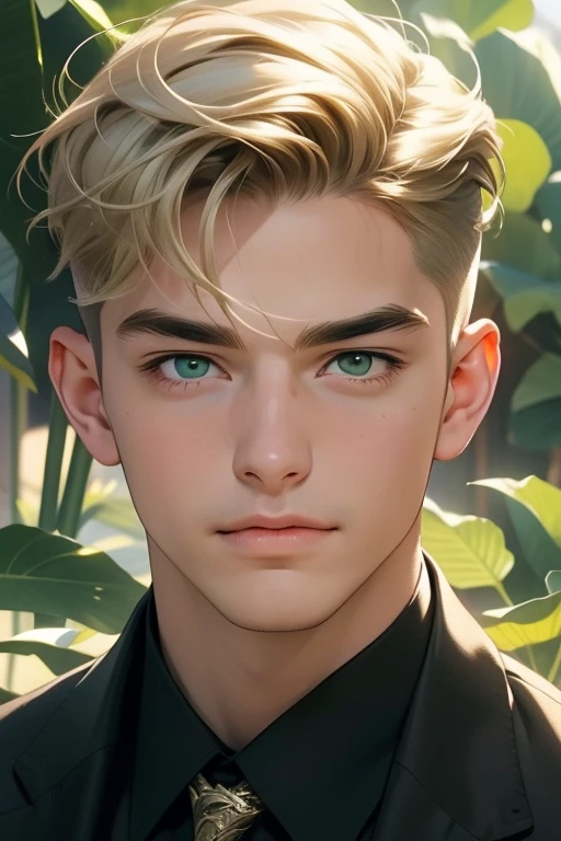 masterpiece, best quality, realistic, 1man, mature male, quiet and charming young man, 18 years old, smirk and look on the side, closed mouth, portrait, extremely detailed face, smirk, (dark green eyes), (short-side-swept sandy blonde hair)), [thick eyebrows], (detective clothing)