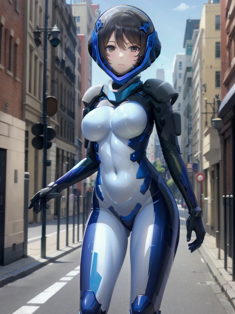 short hair, street, emo, BLACK hair, white eyes, eyeliner, apocalypse,astronaut,road, city, fortified suit, ((blue:1.5) plugsuit), short hair, outdoors, cinematic light, medium breasts, covered navel, space helmet, muvluv, space helm, eva helmet,[[[[