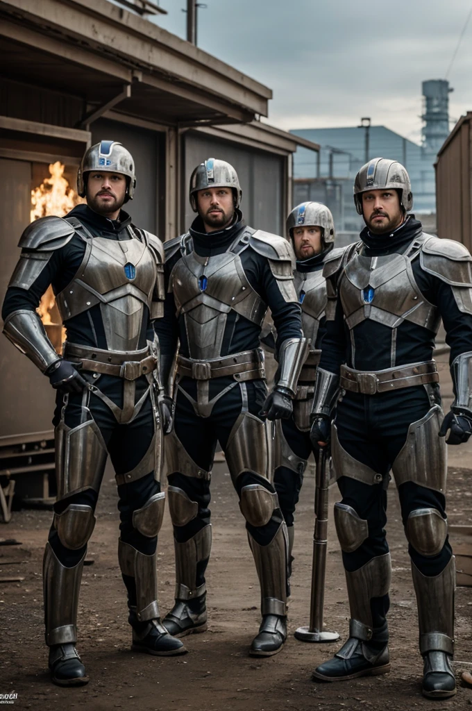 A realistic image of a group of 4 metal guys in their 20's wearing punk and alternative clothing.