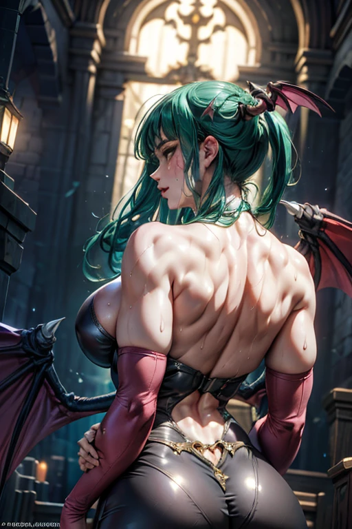 masterpiece, Highest quality,  Unreal Engine,  Super Resolution,  Very detailed, 

One Woman, Morrigan, Physical Beauty, Waist,  thin,  (Muscular:0.8), Round Breasts,  Big Breasts,  bold,  Lips parted,  Observe the audience, 

((Back view)), Sexy pose,  Low angle shot from the waist, 

Vampire Hunter World, Inside the dark church, Key Visual, 

((Sticky with sweat)),