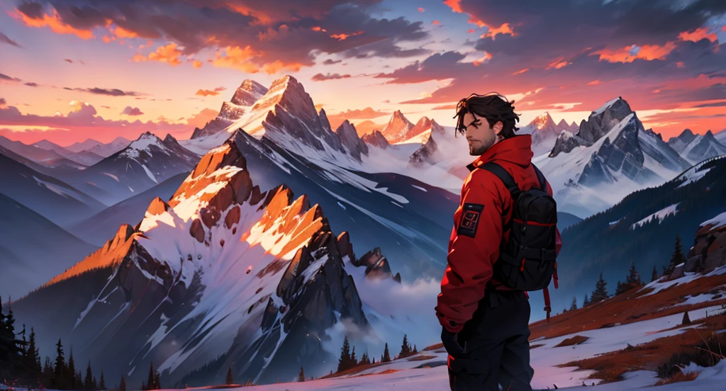Man looking at mountain, crimson sky 