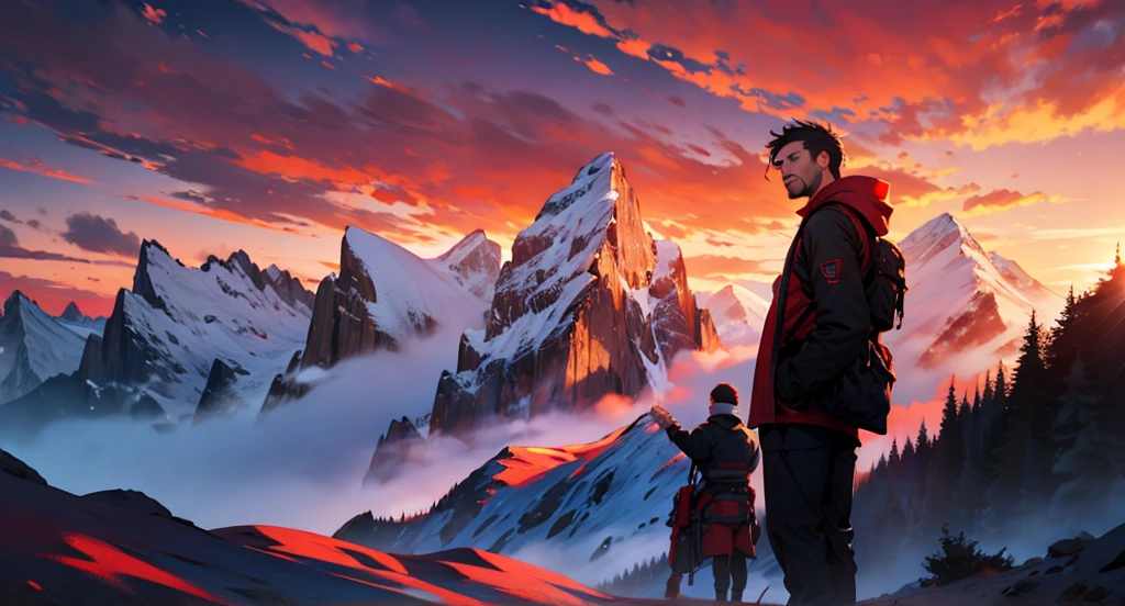 Man looking at mountain, crimson sky 