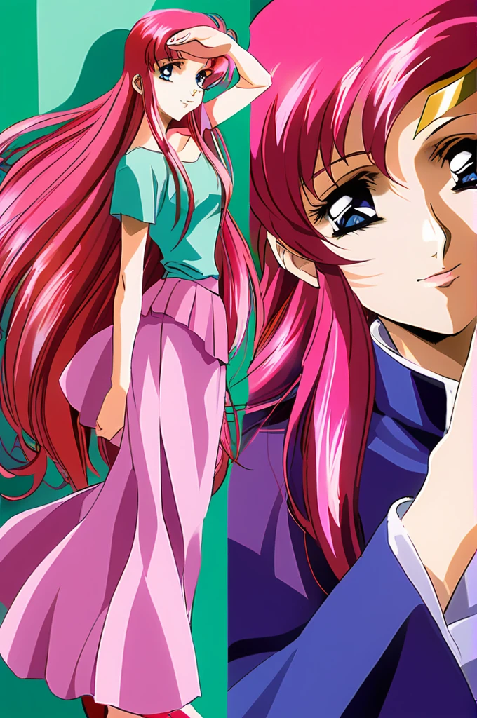 Lacus Clyne,One girl,alone,dress,Pink skirt,Long Hair,Long skirt,Short sleeve,Blue Eyes,Pink Hair,blue eyes,Lips parted,View your viewers,salute,A light smile,1990s \(style\),retro artstyle,