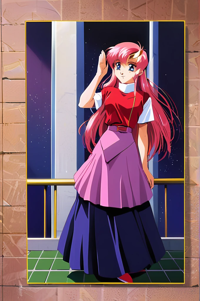 Lacus Clyne,One girl,alone,dress,Pink skirt,Long Hair,Long skirt,Short sleeve,Blue Eyes,Pink Hair,blue eyes,Lips parted,View your viewers,salute,A light smile,1990s \(style\),retro artstyle,