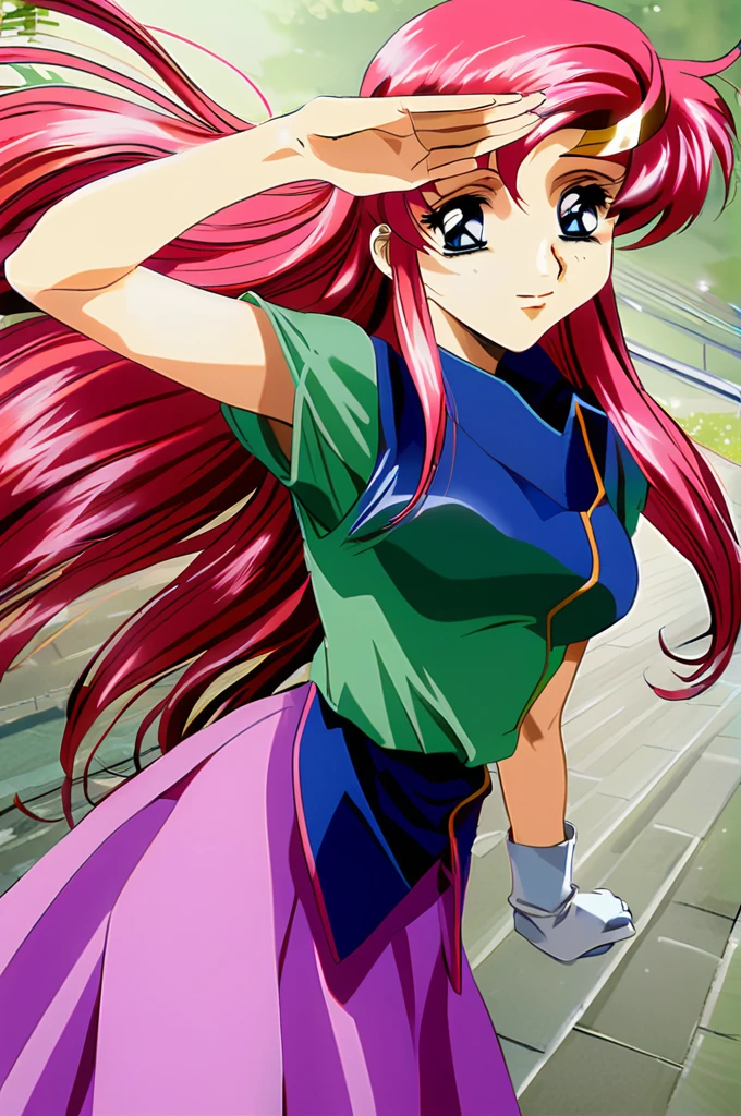 Lacus Clyne,One girl,alone,dress,Pink skirt,Long Hair,Long skirt,Short sleeve,Blue Eyes,Pink Hair,blue eyes,Lips parted,View your viewers,salute,A light smile,1990s \(style\),retro artstyle,