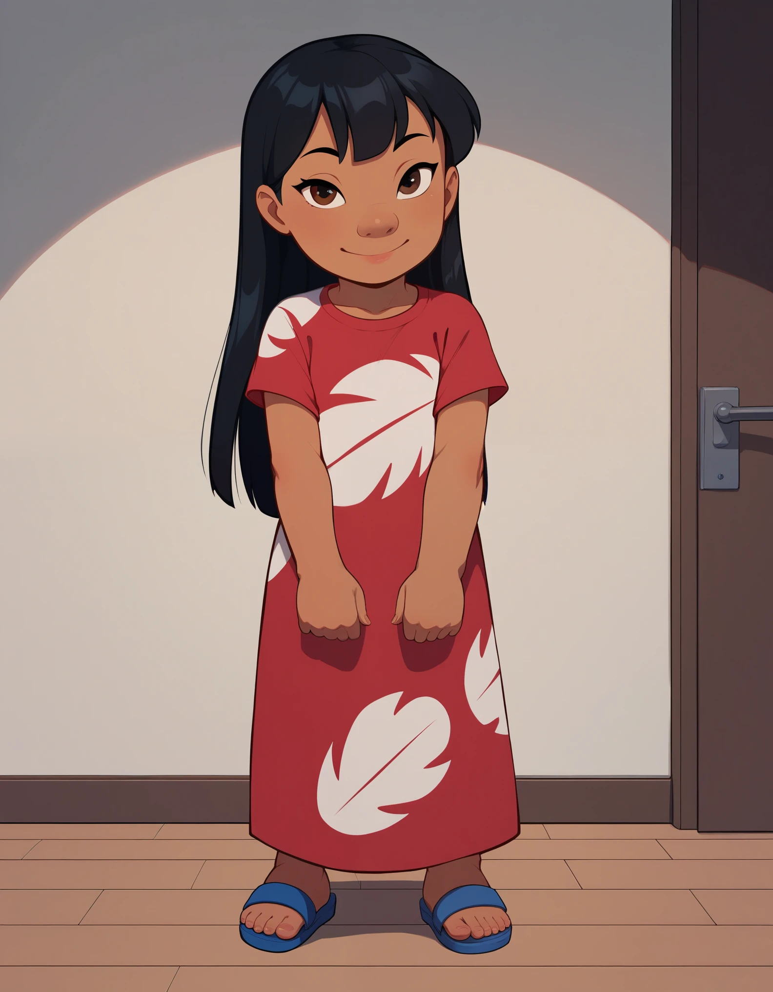 score_9, score_8_up, score_7_up, score_6_up, BREAK, LiloLSXL, , dark skin, brown eyes, black hair, long hair, bangs, flat chest, red dress, short sleeves, blue sandals, solo, full body, standing, seductive smile, looking at viewer, indoors 