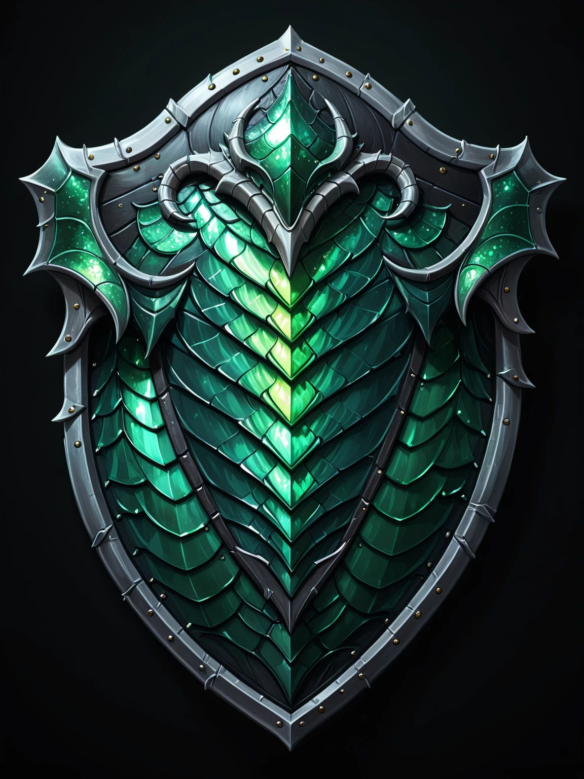 pixel art, cartoon illustration, dragon scale shield, emerald colors, simple black background, game icon