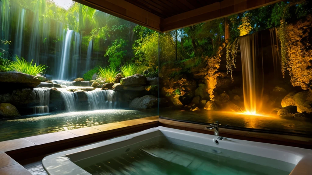 create a hyper-realistic 4k resolution of a beautiful mystical furnished bathroom with a 3d waterfall mural behind the tub. The water look like it's flowing into a the tub, steam, mist, warm glow effect for relaxation.