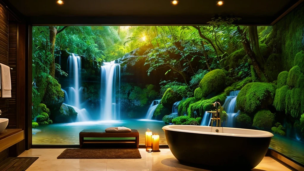 create a hyper-realistic 4k resolution of a beautiful mystical furnished bathroom with a 3d waterfall mural behind the tub. The water look like it's flowing into a the tub, steam, mist, warm glow effect for relaxation.