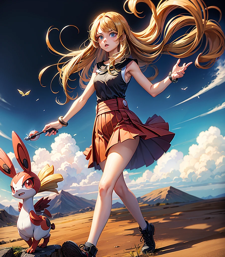 (masterpiece, Highest quality), One girl,  Serena (Pokemon),One girl,Have,sunglasses,Long Hair,Blonde, blue eyes,bracelet,Sleeveless shirt,Black Shirt,Red Skirt,Pleated skirt,Black knee socks,White background,Upper Body