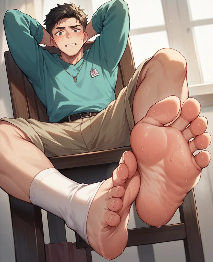 Boy showing the soles of his feet while scrunching his sweaty soles in white socks sitting on chair while his feet under the camera with shoeplaying