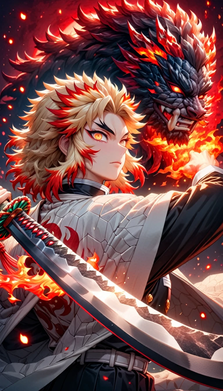 Super detailed, High resolution, Absurd, High resolution, masterpiece, Rengoku Kyojuro, Blonde, Expressive golden eyes, White Haori with a Flame Pattern, Black Demon Slayer uniform, Kimetsu no Yaiba, Fantasy, petal, Red flower, good looking, sexy man Grabbing a sword, alone, magic, shining red fireflies, Red Moon, Highest quality, Highly detailed face and eyes, fire, Grabbing a sword、Back view、Flame background, for wallpaper