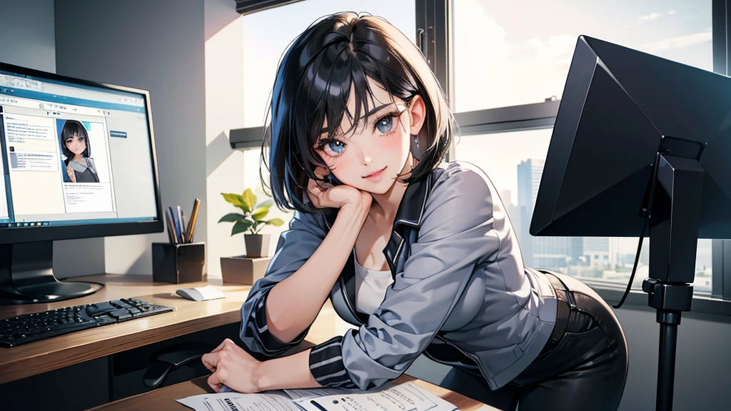 (perfect anatomy:1.2)(absurdres, highres, ultra detailed),masterpiece,best quality,high resolution,8k,Realistic face,Realistic skin texture,magnified textures, stunning clarity,detailed anime girl,(ultra detailed eyes and face),(1 girl:1.2)21years old,she is office worker,,smile:1.2,black hair, bob cut,natural make,grey jacket and pants,black brouse,,sparkling eyes.small nose,roundface,office,sitting at her desk,Looking at the VIEWER,she loves viewer