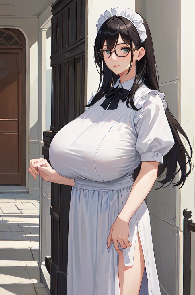 {{masterpiece}},high quality, 4K, 2D, 1 girl,{simple gray background},(attractive mature lady:1.6),milf,standing,sagging breasts,(gigantic breasts:1.5),maid,front face,{{tareme}},attractive mature lady,black hair, {from right in front of face and body},View viewers from front,{front facing shot},Wear glasses,(serious:0.1)