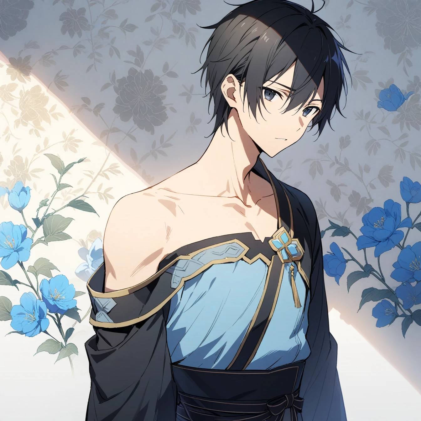 masterpiece,best quality,1 boy, Male focus, Kirito \(Saogo\), Sword Art Online,solo，very beautiful,Chinese,Guild costumes,Oriental Wallpaper,flower,Blue tint,Natural light,Soft Light，White background，shadow,Black Hair,The person is in the middle of the picture，Half Body，Off-shoulder