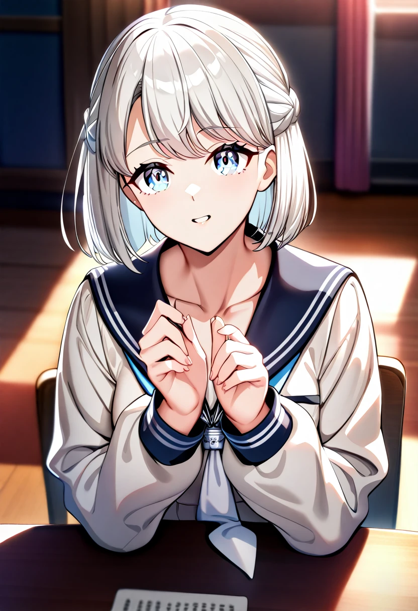 very aesthetic, masterpiece, best quality, absurdres, sensitive,katsuragi lilja,blue eyes,white hair,short hair,braid,,sailor collar,, white