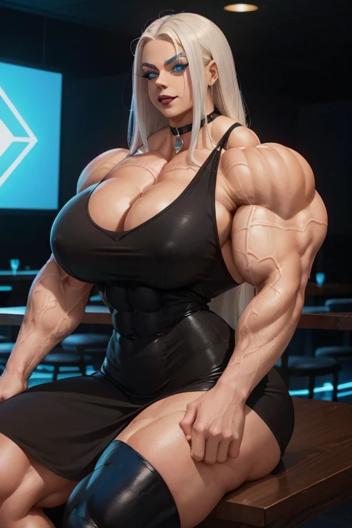 (Close view), White haired woman, long straight hair, light brown skinned, closed smile, (black lipstick), ((massive muscles)), (hyper muscle), ((ginormous bulky muscles)), ((glowing blue eyes)), (black shiny tight dress), choker, high heels, (sitting in a sports bar)