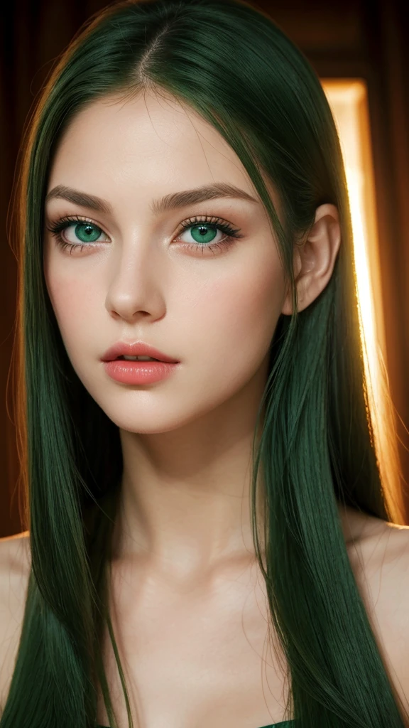 a girl.  face sent feeling.  Europe.  Oval face.  long face.  delicate facial features.  very sad eyes.  seductively seductive.  green eyes.  long straight hair.  green hair.  Red lips.  expression of harmony.