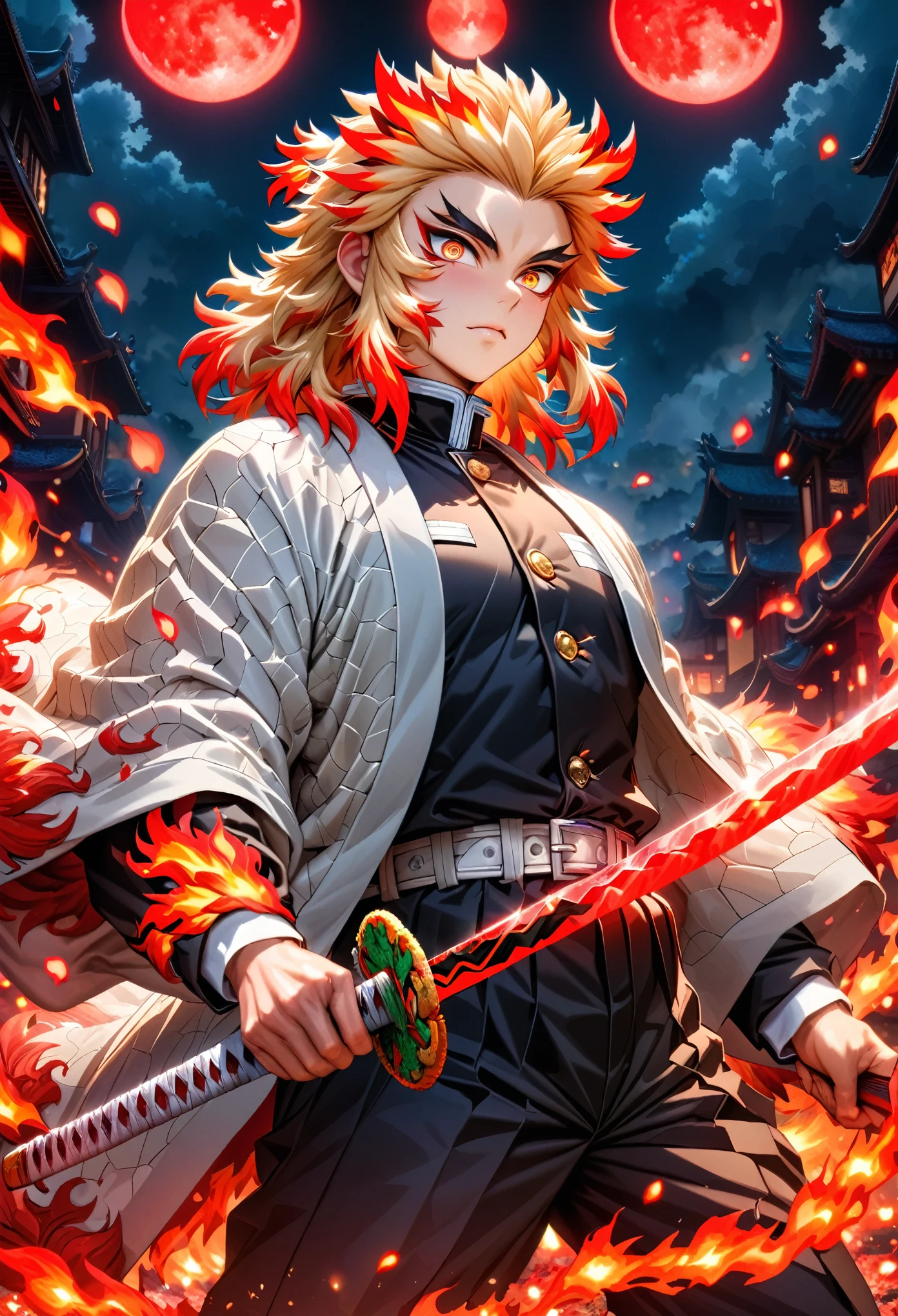 Ultra detailed, highres, absurdres, HDR, master piece, Rengoku Kyojuro, blond hair, expressive golden eyes, white haori with patters of flames, black demon slayer uniform, Kimetsu No Yaiba, fantasy, petals, red flowers, handsome, sexy man grabbing a sword, solo, magic, shining red fireflies, red moon, best quality, extremely detailed face and eyes, fire, grabbing a sword