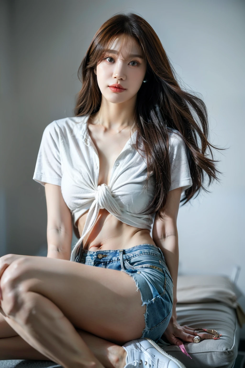 (RAW shooting, Photoreal:1.5, 8k, highest quality, masterpiece, ultra high resolution), perfect dynamic composition:1.2, Fight:1.2, Highly detailed skin and facial textures:1.2, 1girl:1, asian girl:1,Glamourous female with a purse, beautiful and aesthetic:1.2, sexy beauty, perfect style, belief, Strong-willed, revenge, Fair skin, very beautiful face, (large breast, Chest gap:1.4), (wearing a sexy casual fashion:1.2), (beautiful eyes, Eyes that feel beautiful eros:1.0), (Too erotic:0.9, Bewitching:0.9), (full body photo:1.2), (perfect limbs:1.2), (perfect fingers:1.2),(tied shirt, denim shorts sneakers, long hair, navel,Eunji:1.4),(simple background:1),(knees together),
