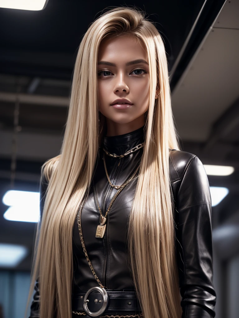 Cristy Ren with long blonde hair as a business CEO, professional hairstyle, perfect eyes, high arched eyebrows, (elegant leather dress with silver chains:1.3), backlight on hair, shallow depth of field, facing the camera, hi-res, 8k, cinematic light, smile, in a luxury hotel bedroom, subdued lighting, satin sheets,